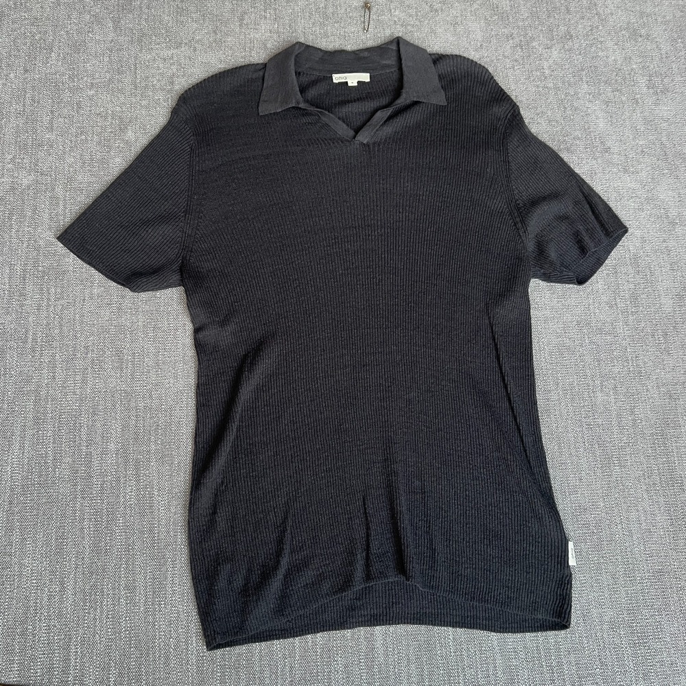 Onia Polo Sweater Men M Black Linen Blend Ribbed Knit Short Sleeve Johnny Collar